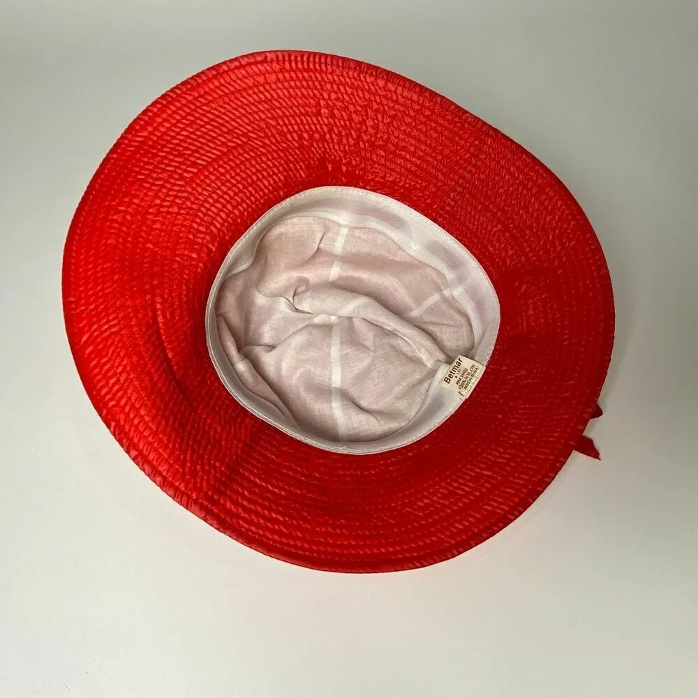 Vintage Betmar Nylon Sun Hat Wide Brim Adjustable Bow Tie Accent Red Lined #117